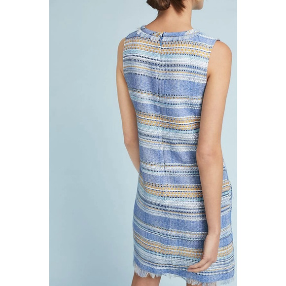 Akemi + Kin Anthropologie Striped Tweed Shift Dress Size 8 Blue Yellow Fringe - Picture 2 of 9